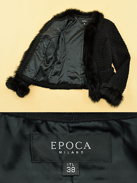 M4069□EPOCA□リアルファー付 ノーカラーツイードJKT□38 美品 セール 