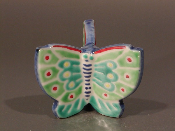 □茶道具□蓋置 色絵 三つ蝶、 高野昭阿弥作 共箱□