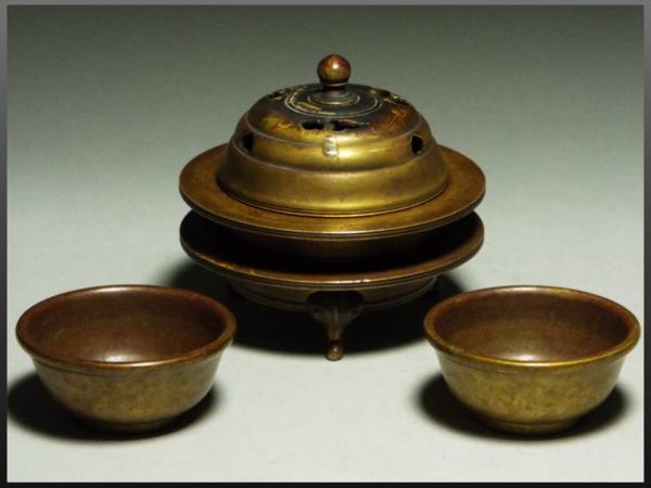 手提竜香炉 銅器 香炉 茶道具 香道具 工芸品 美術品 置物 静岡】492R 黄銅製 香炉 三点 茶道具 茶器 3個 龍文堂造 【公式通販】