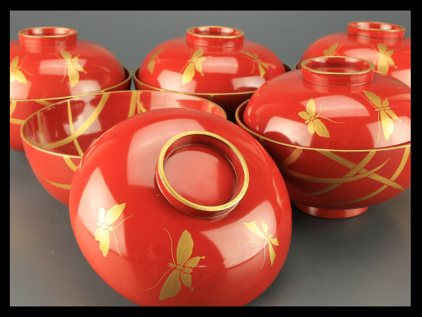 【琴》能登輪島塗 蝶蒔絵 見返蒔絵朱塗吸物椀五客 極上品TAC469