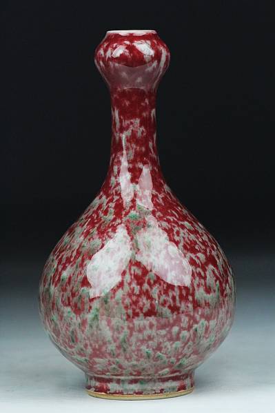 三渓堂】D1694 窯変釉 バラ色鈞窯 蒜頭瓶 24cm 故宮保管委員会 清中宜