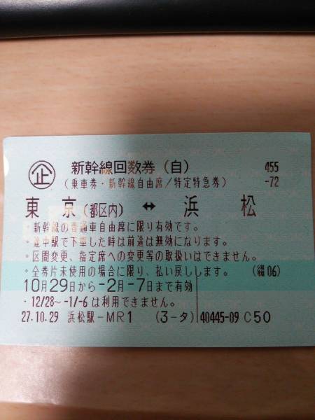 乗車券/交通券 新幹線回数券 東京～浜松 自由席 2枚