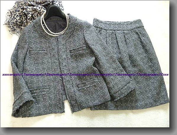 美品Spick&Spanリネンライクノーカラージャケットパンツスーツセットアップ スピック＆スパン♪良品ノーカラーJK＆タックSKスーツ卒入学式に
