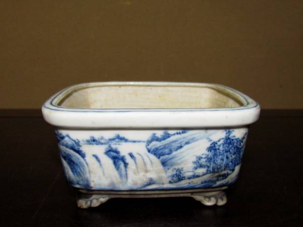 小品盆栽鉢 木黄染付山水 長方鉢 箱付け 文化遺産オンライン