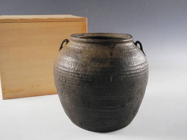 ◆栄◆古備前 千筋 双耳 水指 種壷 古陶器 箱付 63a43