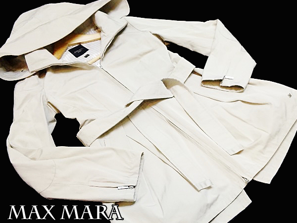 美品マックスマーラ/フード付きスプリングコート40ベージュ