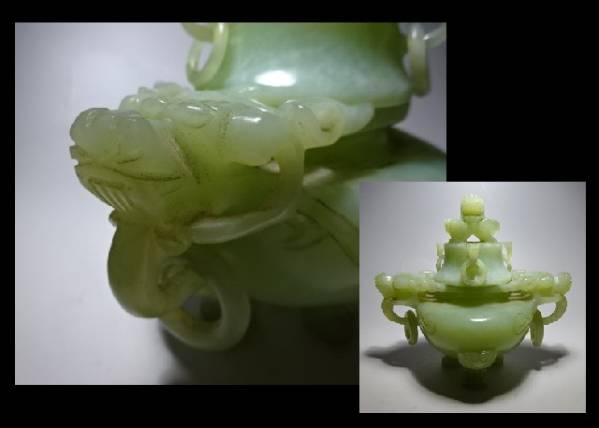 ■中国古玩■　双龍耳鐶付三つ脚翡翠香炉