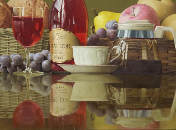 松井敏郎 『食卓』 リアリズム油彩25号逸品 写実絵画 日動画廊扱(静物