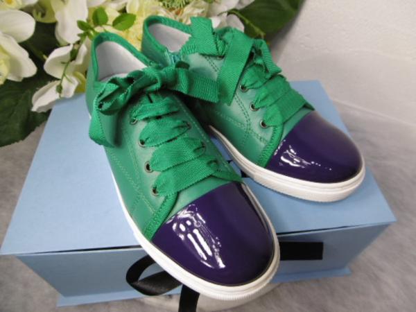 未使用ランバンLANVINキッズレザースニーカー緑×紺34/約21.5cm
