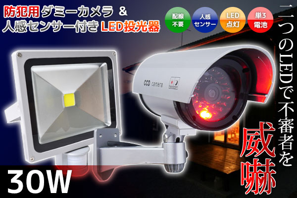 ○防犯用 ダミーカメラ&人感センサー付 LED投光器set 30W LED
