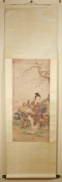 中国 掛軸 美人図 紙本 肉筆 ( 絵画 飾 白 紙 読書 木 玉 古 )