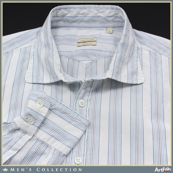 1円 Massimo Alba◆白青ストライプ ドレス シャツr766f*S新品