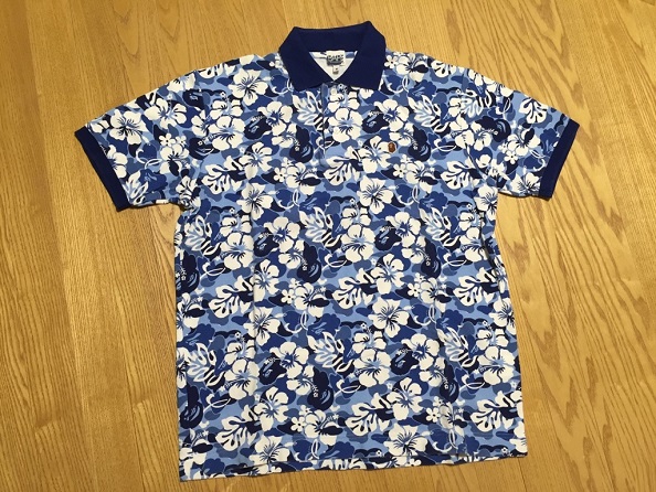 BAPE ハイビスカスカモ柄 ポロシャツ 青(M)