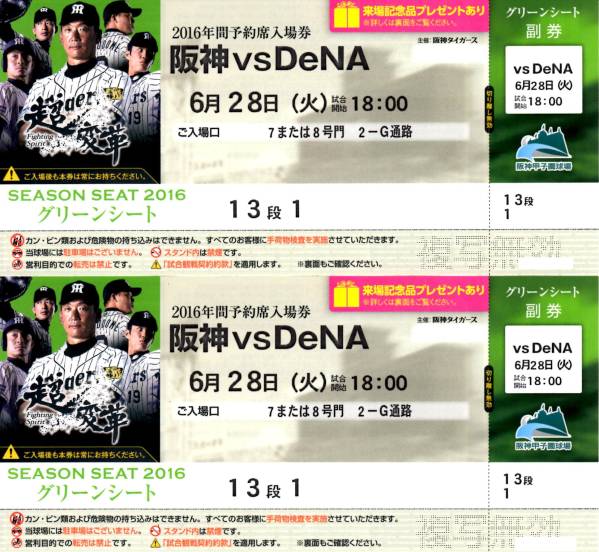 阪神甲子園球場 6/25(金) 18:00阪神vsDeNA ブリーズシート2枚 6月18日