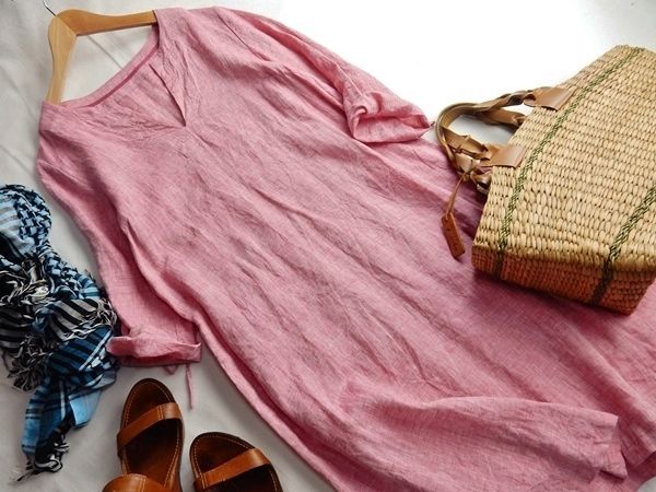 マリンフランセーズ リネン100% きれい色サイドリボンワンピ♪