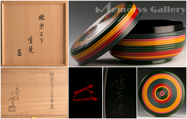 【雅表千家】六代川端近左 独楽塗ロクロ目食籠 而妙斎 共箱 共布