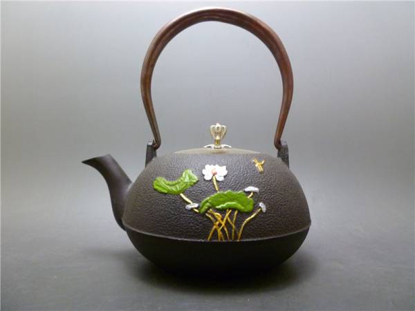 風華堂』1C024 描彩 トンボ/蓮紋 銅提 鉄瓶 鉄壷 煎茶道具 鉄瓶 金属