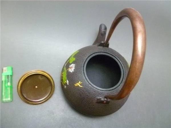 風華堂』1C024 描彩 トンボ/蓮紋 銅提 鉄瓶 鉄壷 煎茶道具 鉄瓶 金属