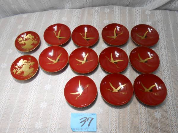明治期輪島塗本金朱塗本蒔絵酒器13客セット茶席道具旧家蔵産格安 CL83