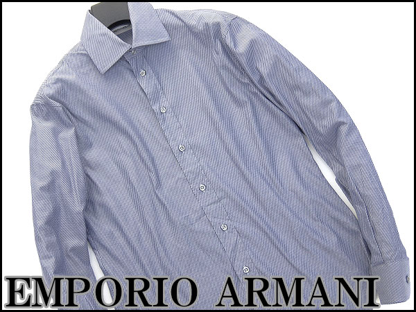 美品エンポリオアルマーニ ストライプ柄ドレスシャツ39紺★I3660
