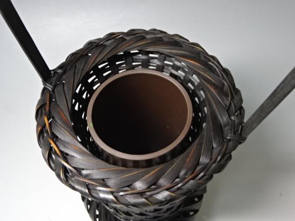 ■茶道具【竹花入 矢筈灯台】高さ45cm 手付き花籠 花器