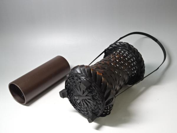 ■茶道具【竹花入 矢筈灯台】高さ45cm 手付き花籠 花器