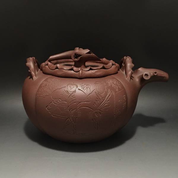 工芸品 中国美術 紫砂 朱泥 刻梅花花鳥漢詩文 急須 茶壷 茶煎道具 時代物