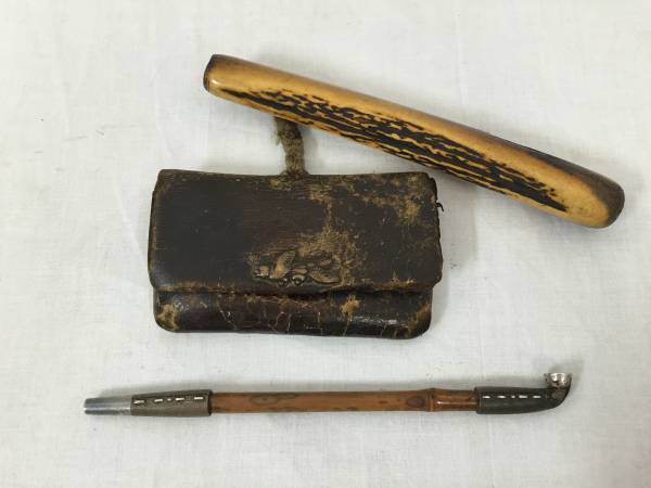 オンライン通販ストア 時代物 キセル/煙管 斑竹筒 革製煙草入・鹿角