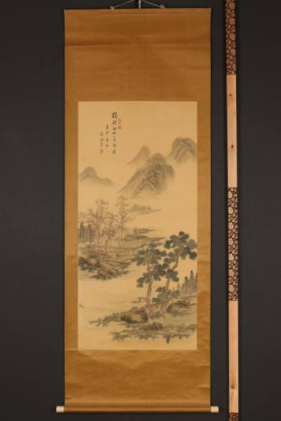 6561【一灯】x送料無料 山水図 中国画 絹本 軸箱入