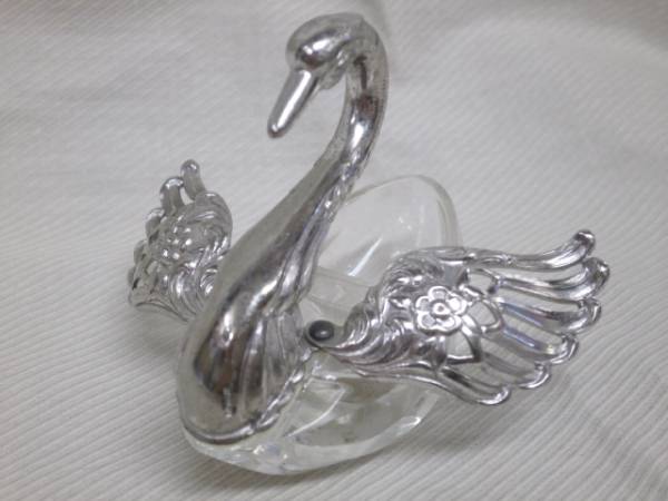 SILVER 925☆銀×ガラスの白鳥☆アンティーク食器，置物 銀製 silver