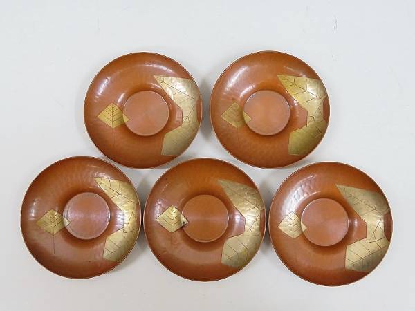 骨董　玉川堂　茶托　5セット　 葉文 銅製茶器揃　希少 安価 玉川堂 鎚起銅器 葉文 銅製茶托 五客揃 共箱(823煎茶道具 【公式