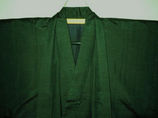 壱5018 本絹古代結城紬 男着物羽織 裄69К丈140黒松の緑 少難