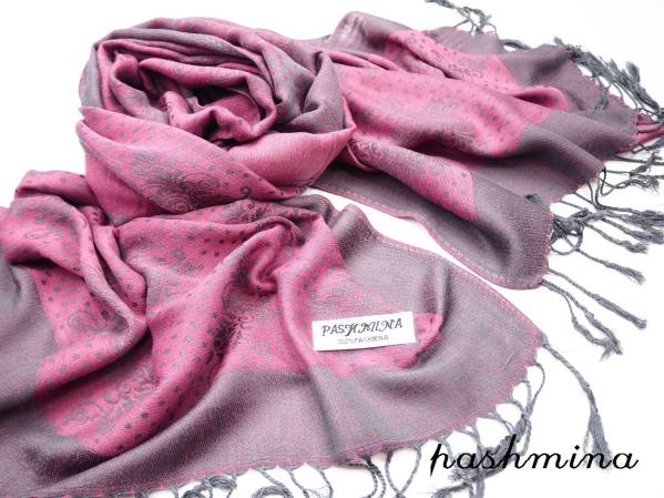 高級 PASHMINA カシミヤ 大判 ストール ドット柄 ピンクグレー