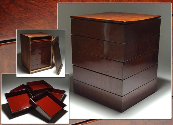 ∇花∇江戸時代 桜木造内朱塗五段重箱 時代箱付