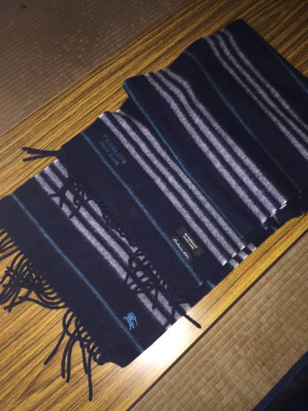 バーバリーブラックレーベル カシミアマフラー美品 青白ボーダー