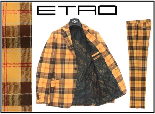 27万新品◆44=XS【ETRO】エトロ オレンジチェックウールスーツ