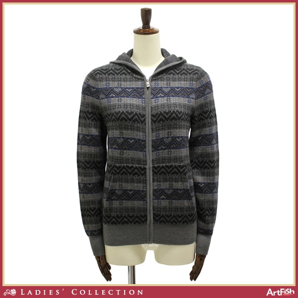 1円ペラフィネ◇グレー系フェアアイル柄カシミヤパーカーp1072*S