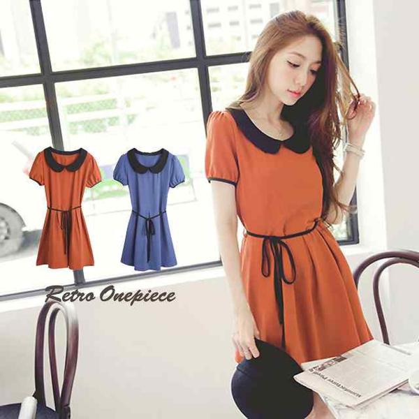 大きいサイズ☆丸襟レトロ◆半袖ワンピースオレンジ2L