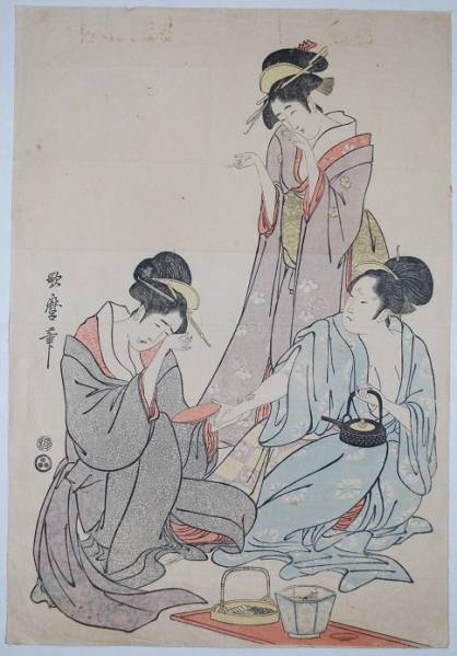 ◎希少! 喜多川歌麿 浮世絵 「三美人図」 大判 錦絵 木版画