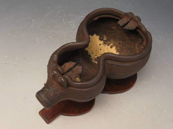 古鉄製 瓢箪形 香炉 手炉 欅台付 967g 中国古玩 7305tt