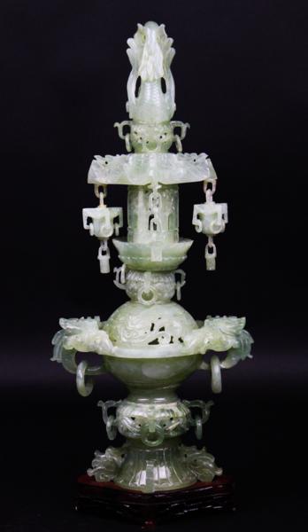 昊】中国古玩 玉製 翡翠 龍雲彫香炉 特大50cm 台付 美術品i 彫刻
