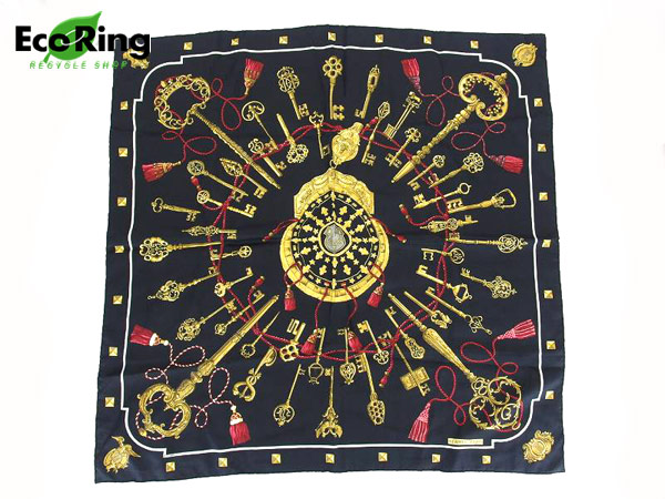 1円 エルメス カレ 鍵柄 シルク100% スカーフ ブラック BV930