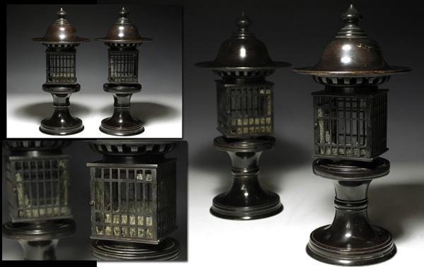 【侍】明治時代 銅製 灯籠 燈籠 一対 検：神社仏閣