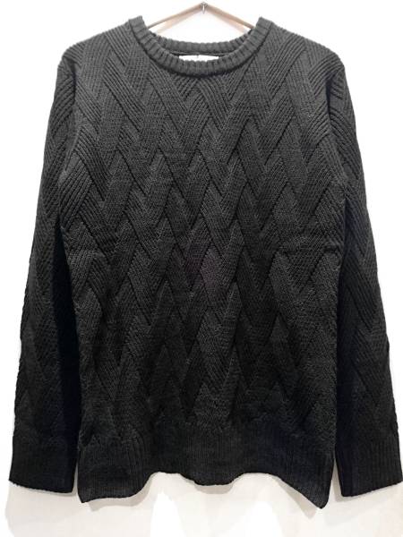 新品 編み柄がオシャレ! ざっくりニットセーター クルーネック L 黒 ブラック メンズ 男 バスケット編み 斜め バイアス 5G きれいめ柔らか