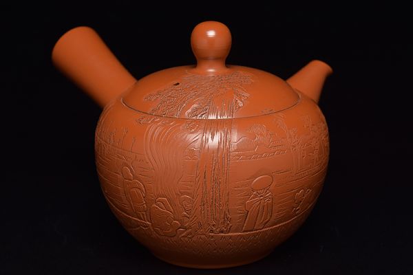 【間野舜園造社泉刀朱泥濱松人物文横手急須】 常滑焼煎茶道具