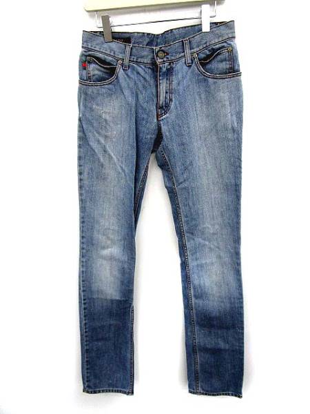 グッチ パンツ デニム ジーンズ ストレート ダメージ加工 46 青