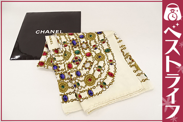 1円 ヤフオク年末 シャネル ビジュー柄 シルク スカーフ 美品