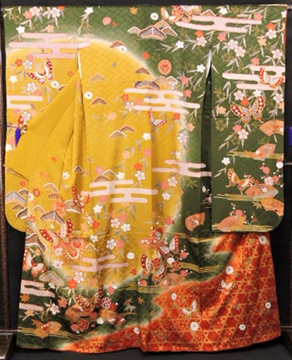 を40　正絹　振袖　揚羽蝶　枝垂れ桜柳