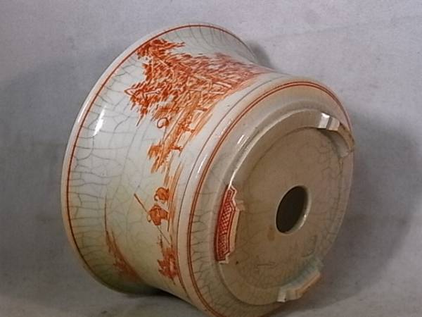 渋草焼【六代目渋草柳造】赤絵山水賢人図外縁二段底丸鉢・径10cm