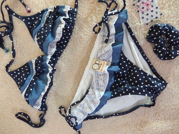 ★OPオーシャンパシフィックの濃紺可愛いレースフリル付ドット柄な紐ビキニ水着【送料164円】_1